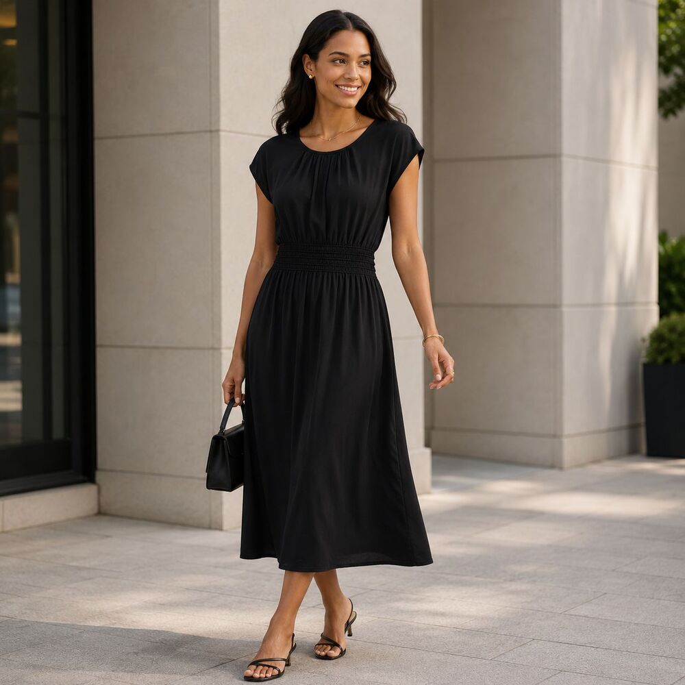 EVERLANE Women's New SMALL Midi Dress Black Smocked Waist Minimalist